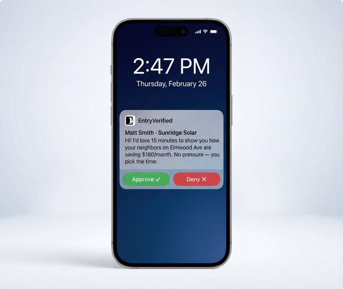 iPhone showing an EntryVerified notification from a canvasser