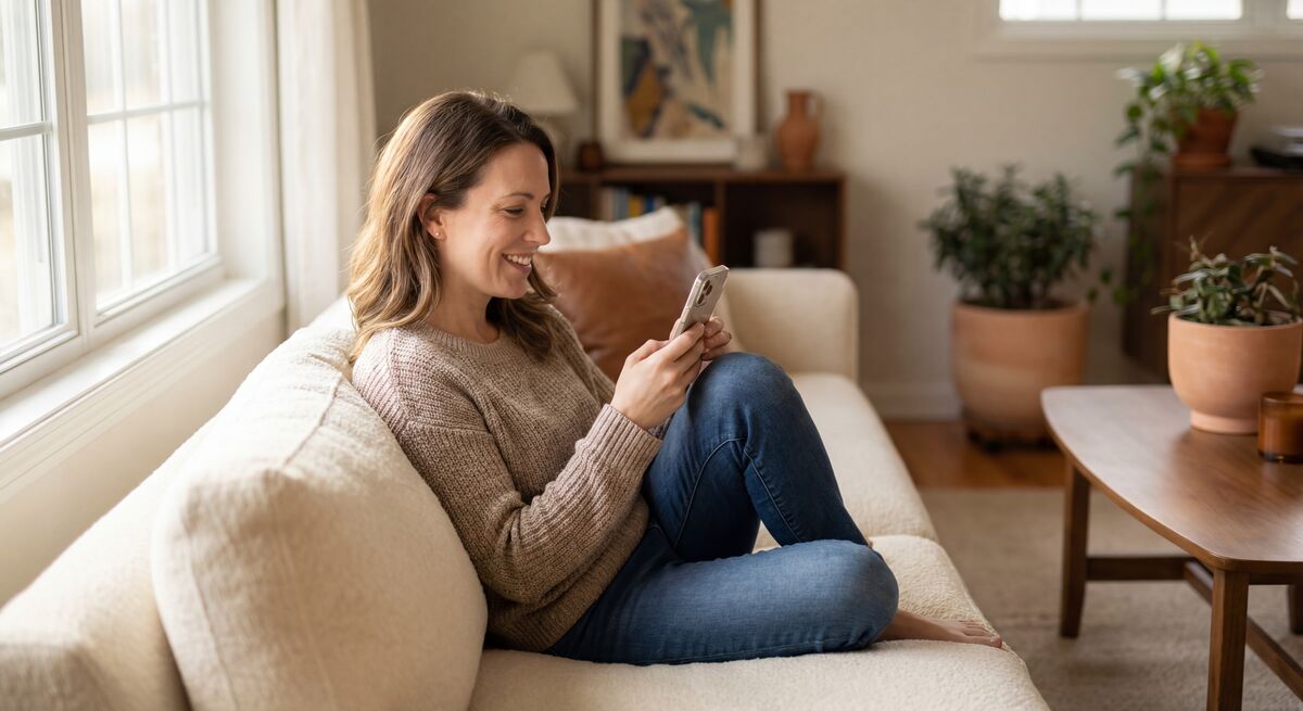 Homeowner relaxing at home, reviewing submissions on her phone at her own pace
