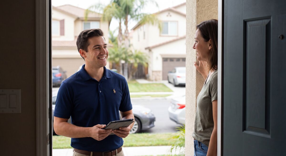 Salesperson at a homeowner's front door